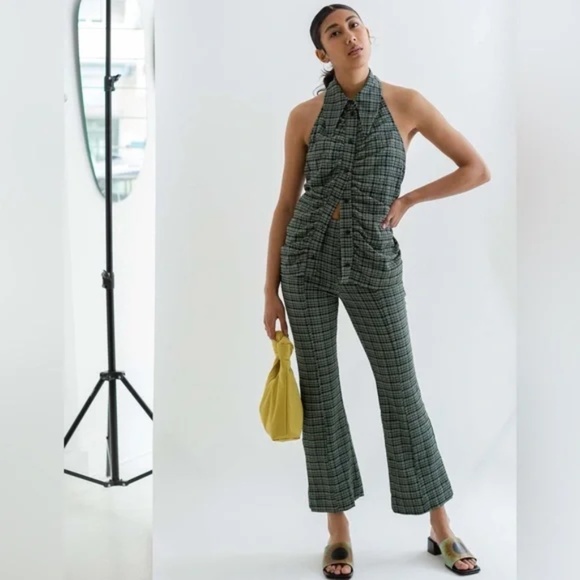 Ganni 2pc seersucker halter top and kick flare pants set - Picture 1 of 16
